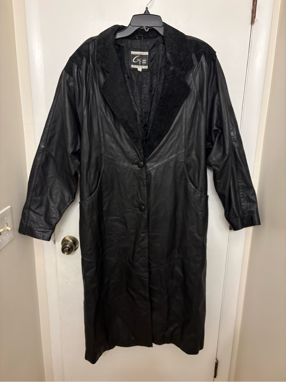Vtg G-III Global Identity Black Leather Trench Coat Paisley Duster Grunge L